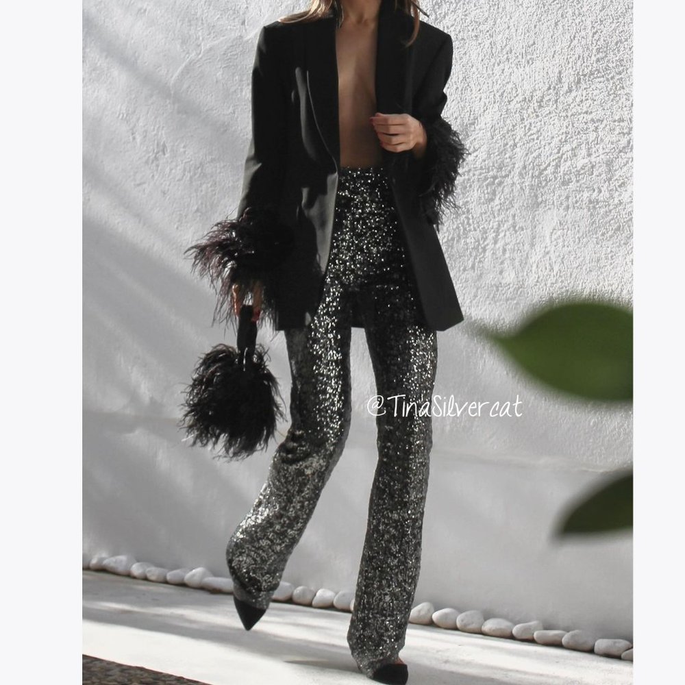Zara Black Feather Trim Blazer Sz XS NWT - Picture 5 of 17